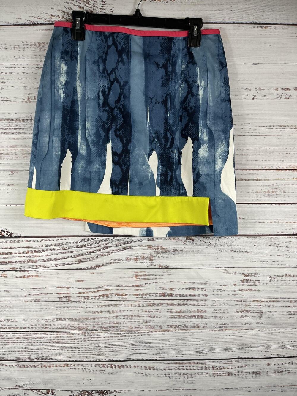 T Tahari Skirt Women's 6 Abstract Print Mini Lined Colorblock Blue Yellow Pink